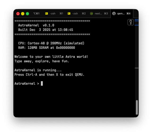 AstraKernel Booted in QEMU